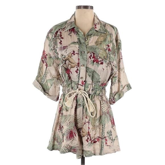 ZIMMERMANN Cassia Jungle Print Drawstring Linen Playsuit Button Romper AU 1 US 6 - Picture 9 of 16